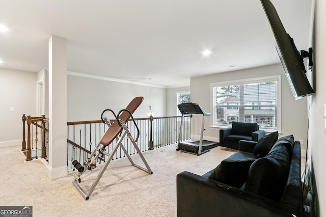 exercise room with carpet and ornamental molding