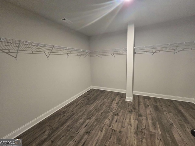 walk in closet with dark hardwood / wood-style floors