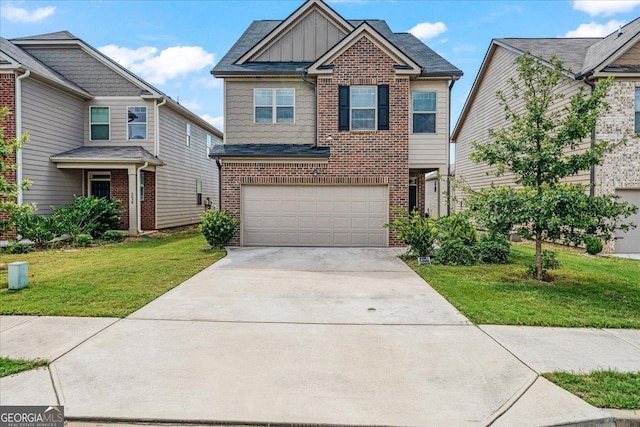 craftsman-style home featuring a front yard and a garage