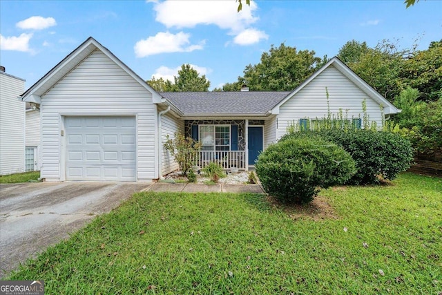 single story home featuring covered porch, a front yard, and a garage