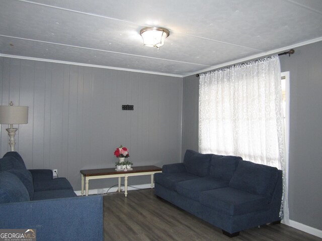 living room featuring dark hardwood / wood-style floors, plenty of natural light, and wooden walls