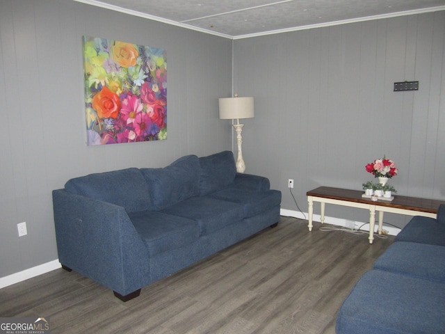 living room with dark hardwood / wood-style floors and ornamental molding