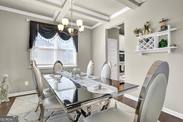 dining area with beam ceiling, an inviting chandelier, dark wood-type flooring, and coffered ceiling