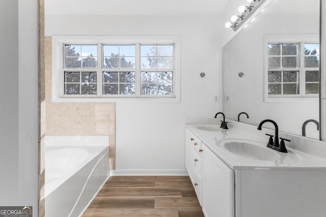 bathroom with hardwood / wood-style floors, vanity, and a bath