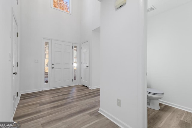 entryway featuring a high ceiling and hardwood / wood-style flooring