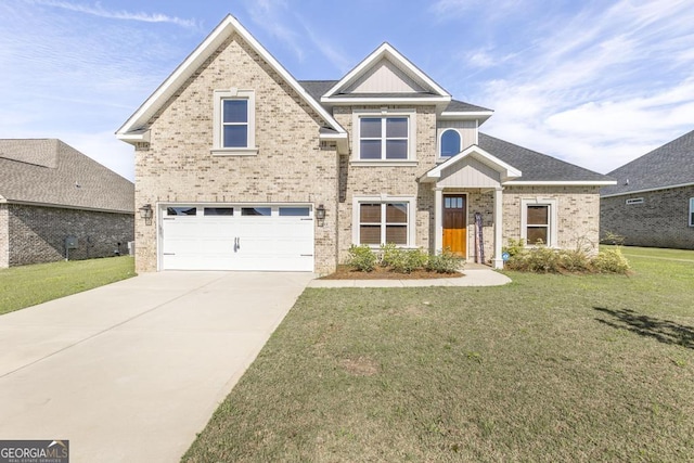 view of front of property featuring an attached garage, brick siding, driveway, and a front lawn