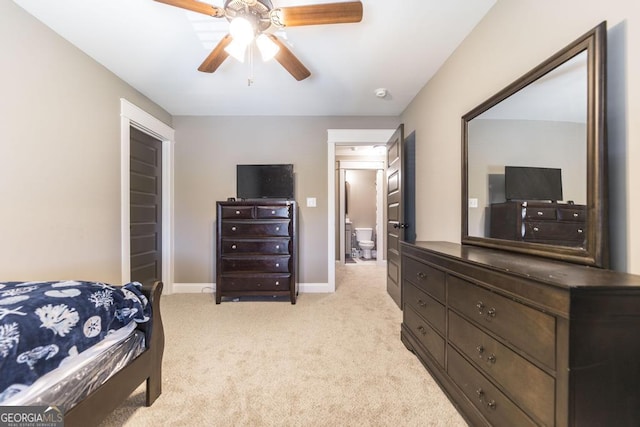 bedroom with light carpet, ceiling fan, and baseboards