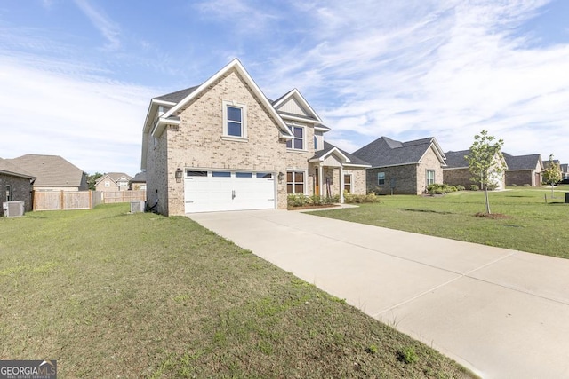 traditional-style house with concrete driveway, brick siding, fence, and a front lawn