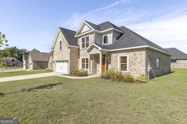 view of front facade with brick siding, a shingled roof, concrete driveway, an attached garage, and a front lawn