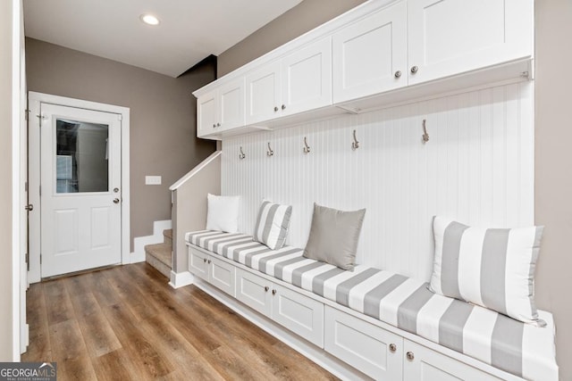 mudroom with hardwood / wood-style flooring