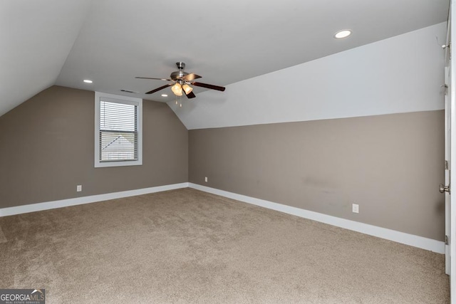 bonus room featuring carpet, ceiling fan, and lofted ceiling