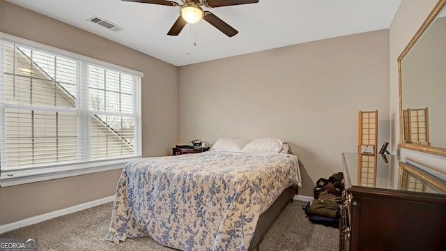 bedroom featuring ceiling fan and carpet floors