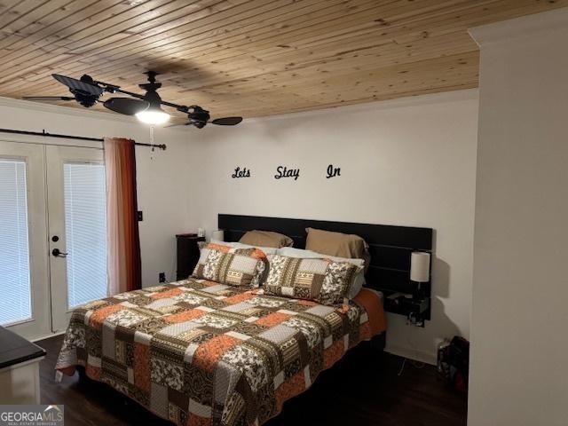 bedroom with ceiling fan, dark hardwood / wood-style flooring, wooden ceiling, and french doors