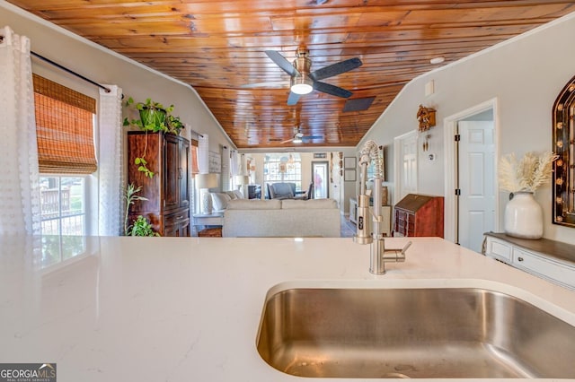 kitchen with sink, lofted ceiling, and wood ceiling