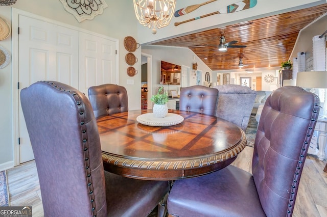 dining area featuring lofted ceiling, light hardwood / wood-style floors, wood ceiling, and ceiling fan with notable chandelier