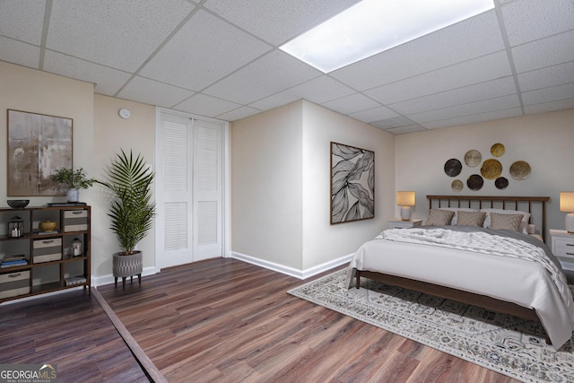 bedroom featuring a drop ceiling and dark hardwood / wood-style flooring