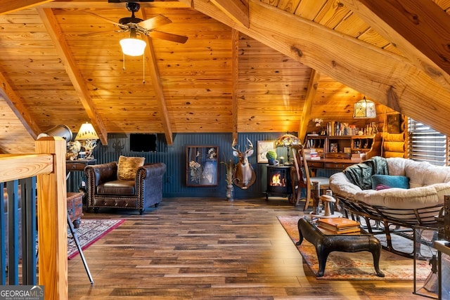 sitting room with ceiling fan, log walls, wooden ceiling, lofted ceiling with beams, and wood-type flooring