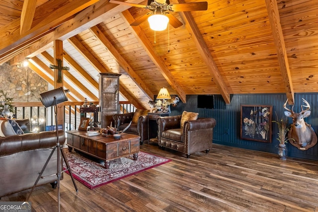 living room with vaulted ceiling with beams, ceiling fan, wooden ceiling, and dark hardwood / wood-style floors