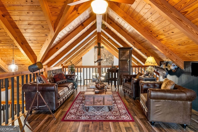 living room featuring lofted ceiling with beams, dark hardwood / wood-style floors, and wood ceiling