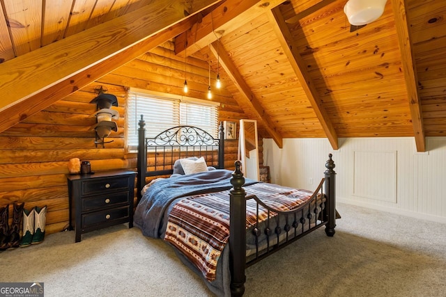 carpeted bedroom with lofted ceiling with beams, rustic walls, and wooden ceiling