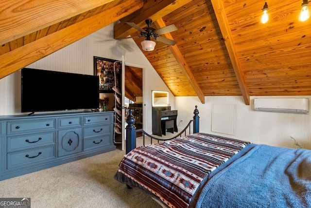 carpeted bedroom with an AC wall unit, lofted ceiling with beams, and wooden ceiling