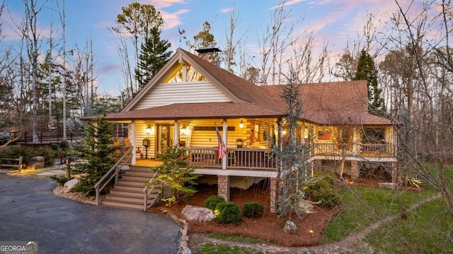 log home with a porch