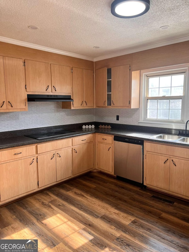 kitchen with cooktop, a textured ceiling, stainless steel dishwasher, and dark wood-type flooring