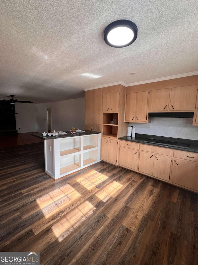 kitchen with a textured ceiling, light brown cabinets, dark wood-type flooring, and stovetop