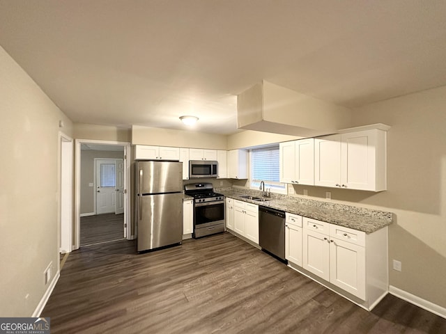 kitchen featuring dark wood-type flooring, sink, light stone countertops, white cabinetry, and stainless steel appliances