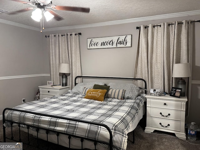 carpeted bedroom with ceiling fan, crown molding, and a textured ceiling