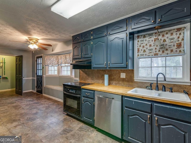 kitchen featuring ceiling fan, decorative backsplash, dishwasher, black range with electric stovetop, and sink