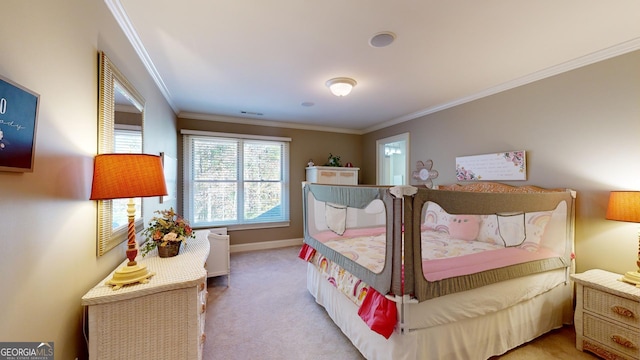 carpeted bedroom featuring crown molding