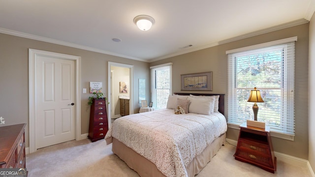 bedroom with connected bathroom, light colored carpet, multiple windows, and ornamental molding