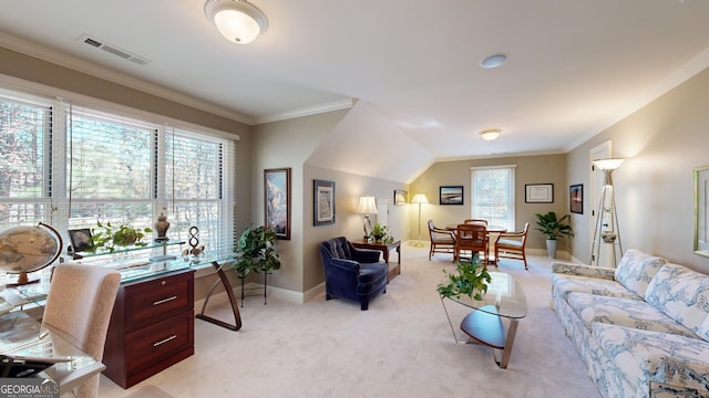 carpeted living room featuring lofted ceiling and ornamental molding