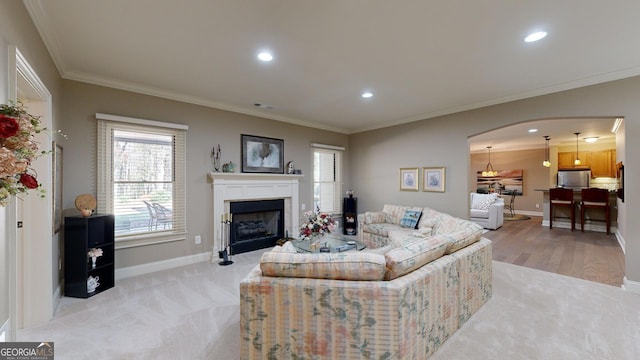 carpeted living room featuring crown molding