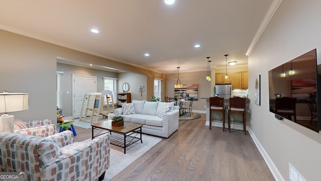 living room with ornamental molding and light hardwood / wood-style flooring