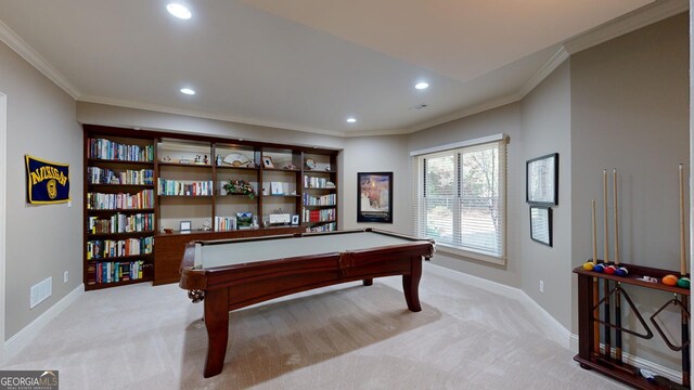 game room featuring ornamental molding, light carpet, and pool table