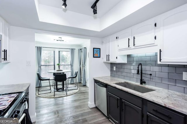 kitchen with white cabinets, stainless steel appliances, a tray ceiling, and sink