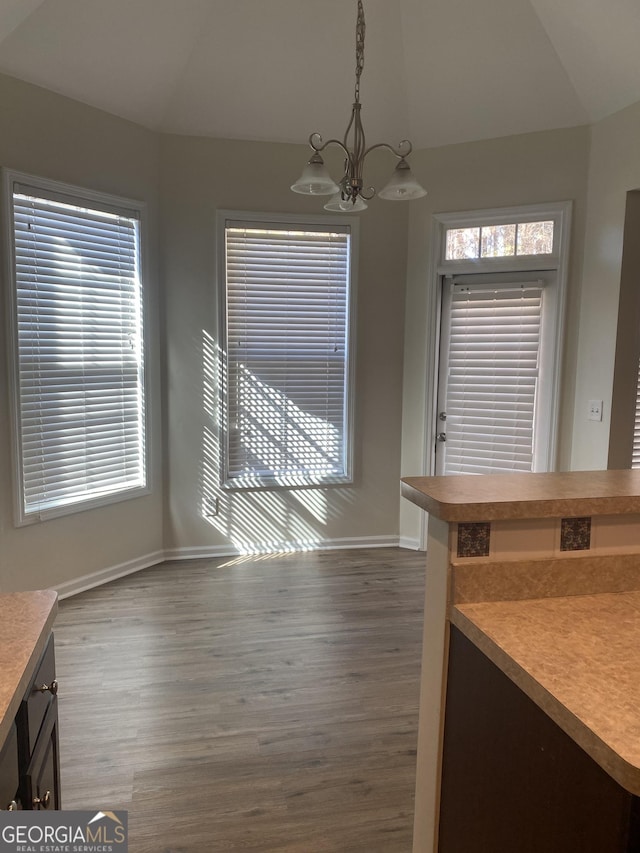 unfurnished dining area with hardwood / wood-style floors, a chandelier, and lofted ceiling