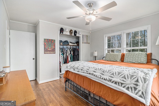 3107 Lotheridge Rd Unit 0, Gainesville, GA 30501 - bedroom featuring wood finished floors, a closet, crown molding, baseboards, and a ceiling fan
