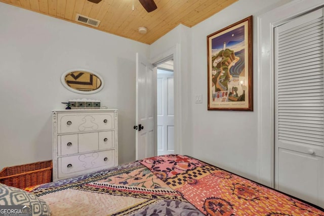 bedroom with ceiling fan, a closet, and wooden ceiling