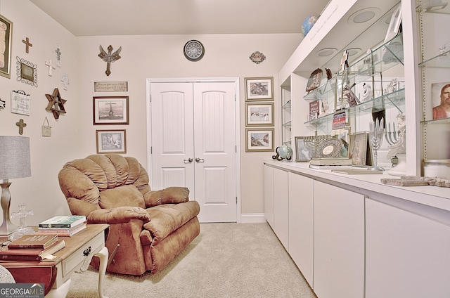 sitting room featuring light carpet