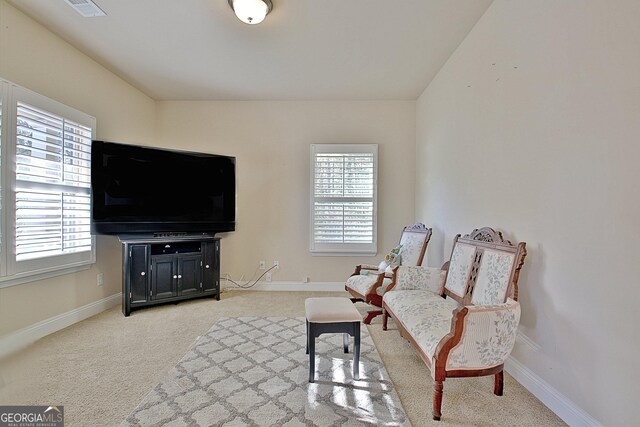 living area featuring light colored carpet and a wealth of natural light