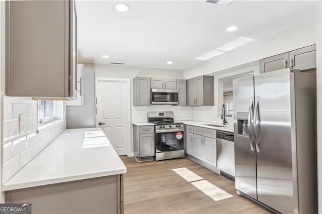 kitchen with sink, stainless steel appliances, backsplash, light hardwood / wood-style floors, and gray cabinets