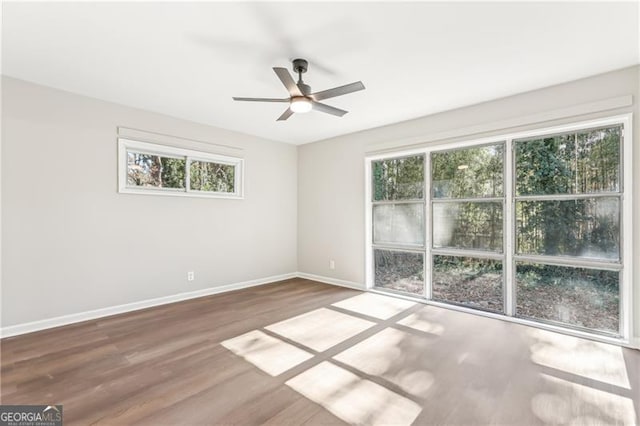 empty room with ceiling fan and hardwood / wood-style flooring