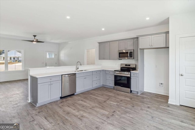 kitchen featuring gray cabinetry, sink, ceiling fan, light hardwood / wood-style floors, and stainless steel appliances