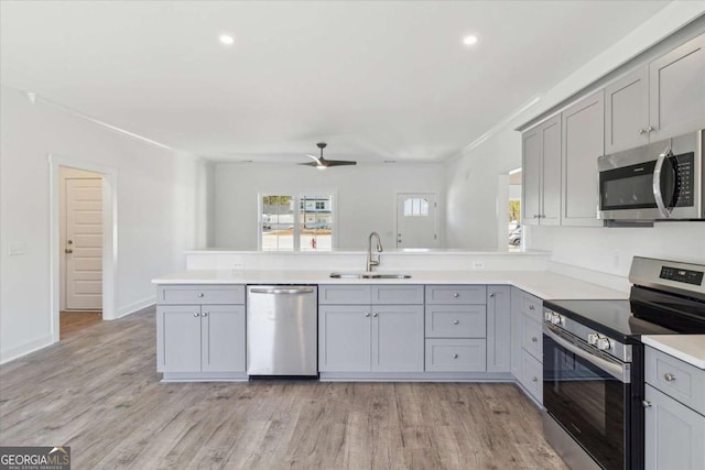 kitchen with kitchen peninsula, appliances with stainless steel finishes, gray cabinetry, and sink