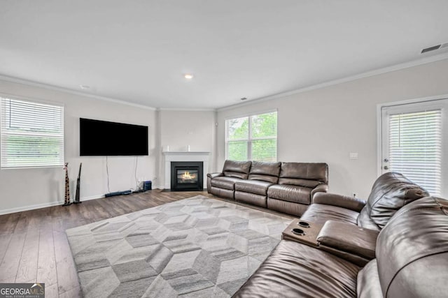 living room featuring crown molding, light hardwood / wood-style flooring, and a healthy amount of sunlight