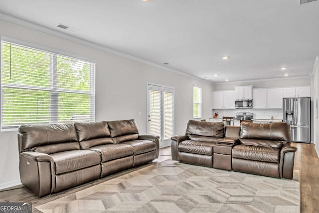 living room with a wealth of natural light and ornamental molding