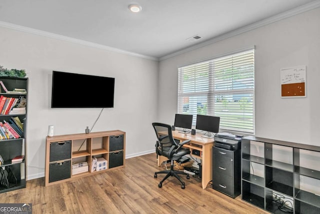 office area featuring wood-type flooring and crown molding